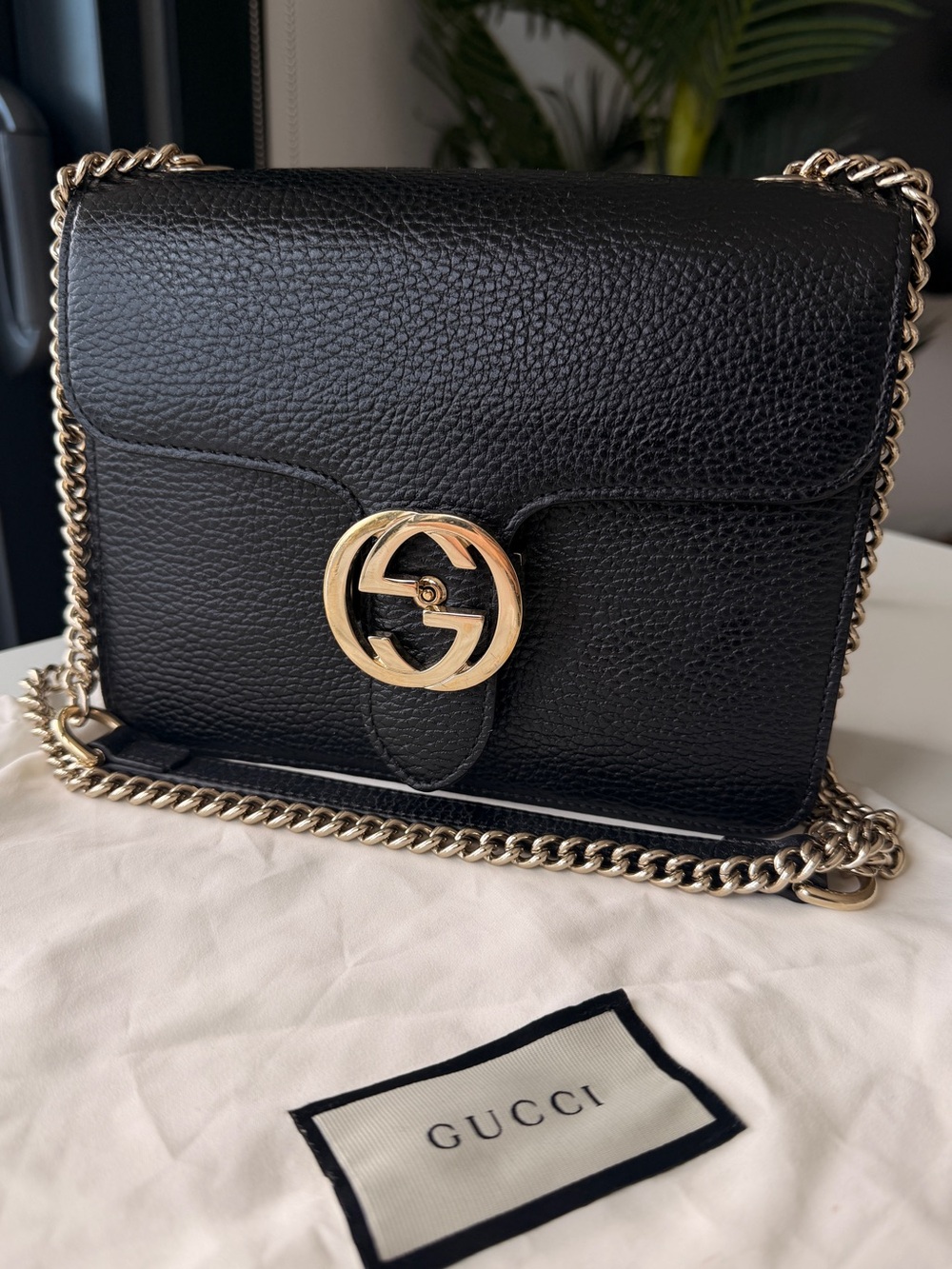 Gucci Black Leather Crossbody with Gold Interlocking G Hardware